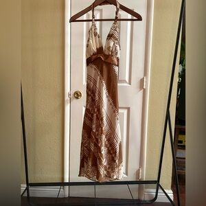 Elegant Brown and Cream Halter Dress